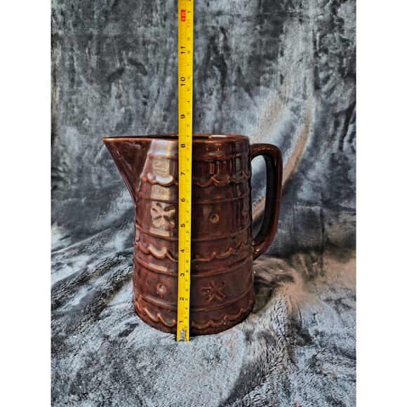 VINTAGE MARCREST BROWN STONEWARE PITCHER DAISY & DOT PATTERN - Picture 4 of 12